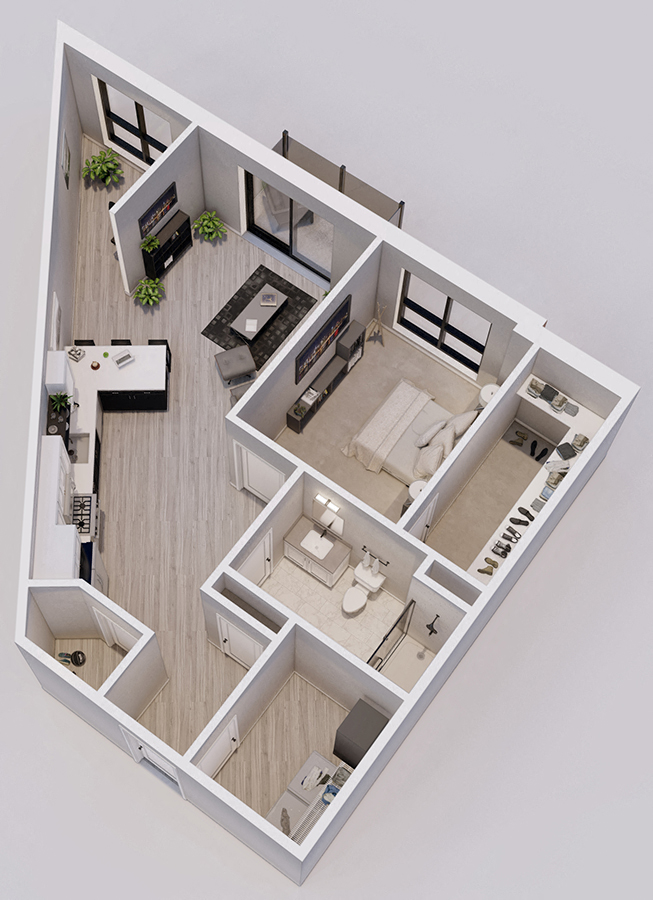 Floor plan for 1 bed, 1 bath, 855 sqft